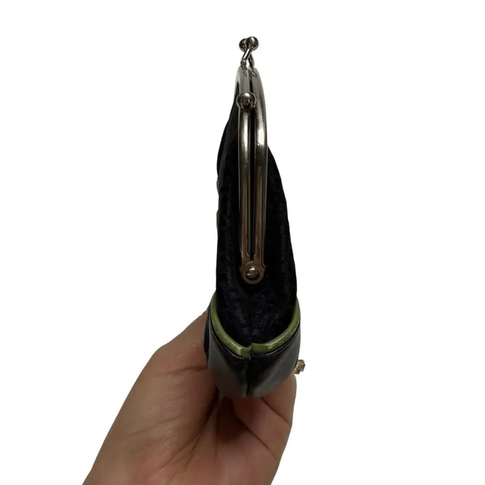 Talbots Leather & Fabric Kiss Lock Mini Clutch Black Green Piping
